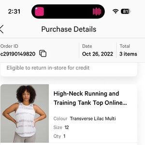 Lululemon Athletica Transverse Lilac Multi Tank Top